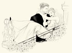 1boy 1girl ^_^ absurdres alexander_(veil) carrying carrying_person closed_eyes commentary dress earrings emma_(veil) flower greyscale hair_bun hair_slicked_back high_heels highres jewelry long_dress monochrome open_mouth sleeveless sleeveless_dress sleinyeswownc smile turtleneck turtleneck_dress veil_(manga) 