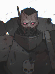  1boy absurdres adeptus_astartes armor black_armor blood blood_on_armor blood_on_face brad_buckmaster breastplate chaos_(warhammer) chaos_space_marine colored_sclera gorget highres malice_(cult) no_eyebrows no_pupils pauldrons pink_eyes power_armor scar scar_on_face scar_on_forehead scar_on_head short_hair shoulder_armor skull skull_ornament sons_of_malice warhammer_40k white_background 