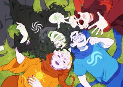  2boys 2girls animal_ears artist_name black_hair black_skirt black_tunic blue_eyes blue_hood blue_pants blue_shirt blue_skin closed_mouth colored_skin curly_hair dave_strider day dog_ears earrings fangs glasses god_tier_(homestuck) grass green_eyes green_skin hairband hand_up highres holding_hands homestuck indigonite jade_harley jewelry john_egbert laughing long_hair long_sleeves lying multiple_boys multiple_girls on_back on_grass on_ground open_mouth orange_hood orange_pants orange_tunic outdoors outstretched_hand pants purple_lips purple_nails purple_skin red_hood red_shirt red_skin rose_lalonde round_eyewear shirt short_hair short_sleeves skirt smile sunglasses tunic violet_eyes white_hair yellow_hairband 