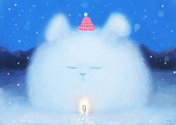  1girl animal beanie black_hair blue_sky commentary_request dress fluffy food hat nuq original outdoors oversized_animal rabbit red_dress red_hat shrimp shrimp_tempura sky snow snowing solo tempura 