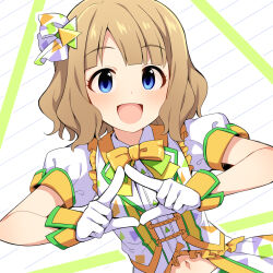  1girl :d blue_eyes bow brown_hair collared_shirt crop_top dress_shirt dutch_angle frilled_shirt frills gloves highres idolmaster idolmaster_million_live! idolmaster_million_live!_theater_days looking_at_viewer midriff navel open_mouth puffy_short_sleeves puffy_sleeves revision shirt short_sleeves smile solo suou_momoko uccow vest white_background white_gloves white_shirt white_vest yellow_bow 