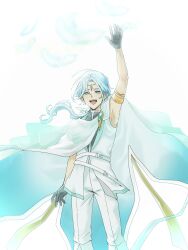  1boy arm_cuffs arm_up armpits black_gloves cloak cure_connect falling_feathers feathers floating_hair forehead_jewel gloves green_cloak green_eyes green_hair hair_ornament hair_wings half_gloves hibiki_kaito highres kimi_to_idol_precure long_hair low-tied_long_hair mature_male metal_arm_cuffs open_mouth precure sachi_(wrrs5274) see-through_scarf shining shirt sleeveless sleeveless_shirt smile solo solo_focus waving waving_arm white_background wing_hair_ornament 