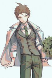  1boy ahoge bouquet brown_hair buttons chinese_commentary collared_shirt commentary_request cowboy_shot cyacyacyacyaki danganronpa_(series) danganronpa_2:_goodbye_despair film_grain flower green_flower green_necktie green_pants green_rose grey_vest grin highres hinata_hajime holding holding_bouquet jacket jacket_on_shoulders lapels looking_at_viewer male_focus necktie notched_lapels pants rose shirt short_bangs short_hair simple_background sleeves_rolled_up smile solo tsurime vest waistcoat white_background white_jacket white_shirt yellow_eyes 