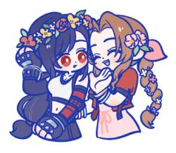  105zz 2girls aerith_gainsborough bare_shoulders black_gloves black_hair black_skirt black_sports_bra blush bracelet braid braided_ponytail breasts brown_hair closed_eyes commentary_request cowboy_shot crop_top dress facing_another final_fantasy final_fantasy_vii final_fantasy_vii_remake fingerless_gloves flower gloves hair_flower hair_ornament hair_ribbon hand_on_own_head head_wreath jacket jewelry long_hair looking_at_another low-tied_long_hair lowres materia medium_breasts midriff multiple_girls navel open_mouth parted_bangs pink_dress pink_ribbon ponytail red_eyes red_jacket ribbon single_arm_guard skirt smile sports_bra suspender_skirt suspenders tank_top tifa_lockhart white_background white_tank_top 