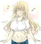  1girl atago_(kancolle) blonde_hair blue_pants breasts commentary_request cowboy_shot denim eighth_note gakky jeans kantai_collection large_breasts long_hair midriff musical_note one-hour_drawing_challenge pants shirt solo standing t-shirt tied_shirt upper_body white_shirt 