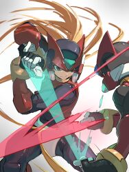  2boys absurdres armor battle black_gloves black_helmet blonde_hair blue_gemstone boots clash clone commentary_request cropped_vest duel energy_sword forehead_jewel gem gloves green_gemstone helmet highres holding holding_sword holding_weapon long_hair male_focus mega_man_(series) mega_man_zero_(series) mega_man_zero_3 multiple_boys omega_(mega_man) omochi_(mochi_skymega) parted_lips ponytail red_armor red_boots red_helmet red_vest sword sword_clash two-handed very_long_hair vest weapon white_background zero(z)_(mega_man) zero_(mega_man) 