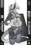  1girl absurdres arknights bulletproof_vest gloves greyscale gun handgun highres holding holding_shield holster holstered_weapon horns liskarm_(arknights) long_hair monochrome null-3 pantyhose parted_lips ponytail riot_shield shield skirt solo tail thigh_strap weapon 