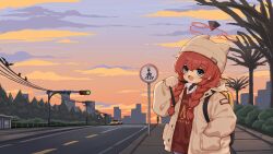  1girl :d absurdres animal_ear_headwear backpack bag bare_tree beanie black_sweater blue_archive blue_eyes blush braid braided_twintails brown_coat brown_hat car chinese_commentary coat collared_shirt commentary_request hair_between_eyes hair_over_shoulder halo hand_in_pocket hand_up hat highres holding_strap hood hood_down hooded_coat long_hair long_sleeves looking_at_viewer maki_(blue_archive) maki_(camp)_(blue_archive) making-of_available motor_vehicle official_alternate_costume official_alternate_hairstyle open_clothes open_coat open_mouth outdoors partial_commentary pedestrian_crossing_sign pocket puffy_long_sleeves puffy_sleeves red_hair red_halo red_sweater_vest road road_sign shirt sidelocks sign sky smile solo strap_pull sunset sweater sweater_vest traffic_light tree twin_braids utility_pole wangcorai white_shirt yellow_bag 