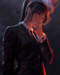  1girl absurdres bangs between_fingers black_hair black_jacket black_necktie blood blood_on_clothes cigarette collared_shirt commentary english_commentary formal guweiz hand_up highres holding holding_cigarette jacket long_hair long_sleeves looking_at_viewer necktie original ponytail shirt smoke smoking solo suit thick_eyebrows upper_body white_shirt 