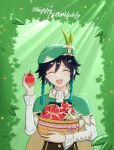  1boy androgynous apple bangs beret black_hair blue_hair blush braid cape closed_eyes collared_cape collared_shirt commentary_request english_text facing_viewer flower food frilled_sleeves frills fruit genshin_impact gradient_hair green_cape green_headwear happy_birthday hat hat_flower highres holding holding_food holding_fruit kashiore leaf long_sleeves male_focus multicolored_hair open_mouth shirt short_hair_with_long_locks side_braids sidelocks smile solo twin_braids venti_(genshin_impact) white_flower white_shirt 