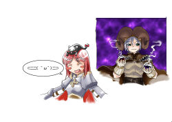  1boy 1girl 2000s_(style) :3 :p animal_on_head armor belt black_belt black_cat black_wings blush_stickers breastplate brown_cape brown_horns brown_shirt cape cat cat_on_head closed_mouth commentary_request creator_(ragnarok_online) cross curled_horns fake_horns gloves green_eyes head_wings horns long_hair lord_knight_(ragnarok_online) niginigi on_head open_mouth pauldrons pink_hair potion ragnarok_online red_cape shirt short_hair shoulder_armor smile tongue tongue_out upper_body white_background white_gloves wings 