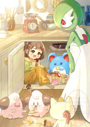  1girl bob_cut cleffa colored_skin commentary_request cookie ditto dress eating food food_on_face gardevoir green_hair green_skin highres kitchen marill meowth multicolored_skin open_mouth pink_eyes pink_skin piyokonoenikki_04 pokemon pokemon_(creature) smile transformed_ditto two-tone_skin watermark white_dress white_skin 