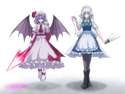  2girls apron ascot back_bow bat_wings boots bow braid breasts brooch brown_boots brown_pantyhose closed_mouth collared_shirt commentary_request dress energy_spear frilled_shirt_collar frills green_bow grey_hair hair_bow hat hat_ribbon highres holding holding_knife holding_pocket_watch holding_polearm holding_weapon izayoi_sakuya jewelry knife long_hair maid maid_headdress mob_cap multiple_girls pantyhose pink_hat pink_shirt pink_skirt pocket_watch polearm purple_hair red_ascot red_dress red_eyes remilia_scarlet ribbon shirt simple_background skirt skirt_set smile spear spear_the_gungnir tenx2_1341 touhou twin_braids waist_apron watch weapon white_background white_boots white_bow wings wrist_cuffs 