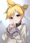  1boy aqua_eyes aroeruji3 bangs blonde_hair blue_eyes child closed_mouth commentary_request eyebrows_visible_through_hair frilled_sleeves frills highres kagamine_len long_sleeves looking_at_viewer male_child male_focus simple_background solo tears vocaloid yellow_nails 