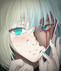  absurdres aesc_(fate) aqua_eyes aqua_nails blonde_hair blood blood_on_face brian_(delknoder) broken_mask close-up crack cracked_kawaii_mask cracked_mask fate/grand_order fate_(series) grey_hair hand_on_own_face highres mask morgan_le_fay_(fate) multicolored_hair nail_polish smile streaked_hair 