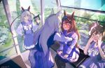  animal_ears bangs black_legwear blue_eyes blue_sky blush book braid breasts brown_hair closed_eyes commentary_request covering_eyes day ear_covers eyebrows_visible_through_hair feet_out_of_frame ferris_wheel_interior fox_mask frilled_skirt frills green_eyes grey_hair grey_legwear hair_between_eyes hairband headband highres holding holding_book horse_ears horse_girl horse_tail horseshoe_ornament imminent_kiss inari_one_(umamusume) large_breasts long_hair long_sleeves looking_at_another looking_to_the_side mask mask_on_head medium_hair multiple_girls oguri_cap_(umamusume) open_mouth pleated_skirt purple_shirt purple_skirt reihou19 school_uniform shirt signature sitting skirt sky smile standing super_creek_(umamusume) tail tamamo_cross_(umamusume) thigh-highs tracen_school_uniform twintails umamusume very_long_hair winter_uniform yuri 