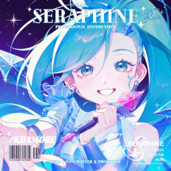  1girl album_cover barcode blue_background blue_eyes blue_hair blush breasts character_name chinese_commentary commentary_request cover diamond_earrings diamond_hair_ornament earrings english_text gradient_background hair_between_eyes hashtag high_ponytail holding holding_microphone jewelry k/da_(league_of_legends) k/da_all_out_seraphine_superstar league_of_legends long_hair looking_at_viewer medium_breasts microphone official_alternate_costume official_alternate_hair_color open_hand outstretched_arm ponytail purple_background reaching reaching_towards_viewer rux seraphine_(league_of_legends) shirt sleeveless sleeveless_shirt smile solo sparkle two-tone_background 