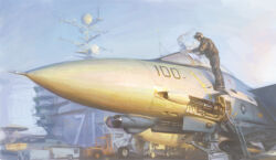  1boy aircraft aircraft_carrier airplane f-14_tomcat fighter_jet helmet highres jeffholy jumpsuit military_vehicle original photo-referenced pilot pilot_helmet ship signature united_states_navy warship watercraft 