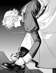  1boy absurdres alternate_costume apron artist_name boots chinese_commentary closed_mouth commentary_request crossdressing crossdressing_(mtf) devil_may_cry_(series) devil_may_cry_4 dress enmaided expressionless from_side greyscale highres juliet_sleeves lin09 long_sleeves maid maid_headdress male_focus male_maid monochrome nero_(devil_may_cry) puffy_sleeves short_hair solo tying_footwear uneven_footing 
