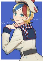  1girl absurdres alternate_hair_length alternate_hairstyle beret blonde_hair blue_eyes blue_hair border commandant_teste_(kancolle) commentary_request from_behind hat highres jacket kantai_collection lips looking_at_viewer looking_back multicolored_hair multicolored_scarf pom_pom_(clothes) red_hair scarf short_hair solo streaked_hair swept_bangs toriniku_senshi_chikinman upper_body wavy_hair white_border white_hair 