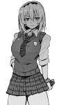  1girl badge breasts collared_shirt commentary_request earrings eyebrows_visible_through_hair greyscale hairband highres higurashi_no_naku_koro_ni holding holding_phone houjou_satoko jewelry large_breasts long28 looking_at_viewer loose_necktie monochrome necktie phone pleated_skirt school_uniform scrunchie shirt short_hair skirt sleeves_rolled_up solo st._lucia_academy_school_uniform sweater_vest wrist_scrunchie 