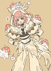  ! 1girl absurdres animal animal_ear_hood animal_ears animal_on_head black_shirt brown_background brown_cloak brown_eyes brown_gloves brown_pants cat cloak clothed_animal commentary_request cowboy_shot creature creature_on_head creature_on_shoulder creature_on_tail crop_top dot_nose ear_covers fake_animal_ears fake_tail forest_folk_(infinity_nikki) fringe_trim giant giantess gloves hands_on_own_hips heart highres hood hood_up hooded_cloak infinity_nikki leaning_forward legs_apart light_blush looking_at_viewer medium_hair midriff momo_(nikki) nikki_(nikki) nikki_(series) notice_lines official_alternate_costume on_head on_shoulder open_mouth pants pink_hair print_cloak shirt shroomling_(infinity_nikki) simple_background size_difference smile solo speech_bubble spoken_exclamation_mark spoken_heart standing tail triangle_print turtleneck turtleneck_shirt v-shaped_eyebrows white_cat white_cloak wolf_ears wolf_tail xiaoxixi14172 