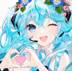  1girl ani_019 aqua_bow aqua_bowtie aqua_eyes aqua_hair aqua_nails bow bowtie collared_shirt colored_eyebrows crossed_bangs flower hair_flower hair_ornament hatsune_miku headset heart heart_hands highres long_hair one_eye_closed open_mouth portrait shirt smile vocaloid white_hair 