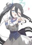  1girl ;d arisu_(blue_archive) bangs black_hair blue_archive blue_eyes boku_2020 hair_between_eyes heart highres holding holding_microphone long_hair looking_at_viewer microphone one_eye_closed open_mouth pointing pointing_at_viewer simple_background smile solo sweatdrop very_long_hair vest white_background white_vest 