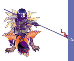  1girl 2000s_(style) armor armored_boots bird blue_hair boots cape commentary_request full_body grey_cape grey_tunic holding holding_polearm holding_weapon knight_(ragnarok_online) looking_at_viewer mask mouth_mask niginigi pauldrons peco_peco polearm ragnarok_online riding riding_bird short_hair shoulder_armor solo spear tunic weapon white_background yellow_eyes 