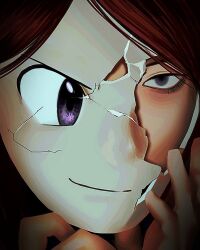  1boy black_background closed_mouth cracked_kawaii_mask cracked_mask gugab_(k_kkuba_) looking_at_viewer male_focus mask parted_hair pokemon pokemon_hgss portrait red_hair sanpaku silver_(pokemon) smile solo violet_eyes 