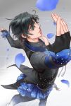  1boy black_gloves black_hair blue_eyes blue_flower blue_petals blue_rose closed_mouth figure_skating fingerless_gloves flower frills gloves highres hoshiaimitsuru jewelry long_sleeves looking_up male_focus original outstretched_arms petals rose solo 