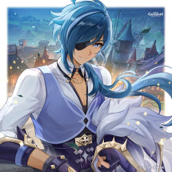  1boy absurdres black_gloves blue_eyes blue_hair chain closed_mouth commentary copyright_name dark-skinned_male dark_skin english_commentary eyepatch fingerless_gloves fur_trim genshin_impact gloves gold_chain hair_between_eyes highres kaeya_(genshin_impact) long_hair looking_at_viewer male_focus night official_art outdoors solo very_long_hair 