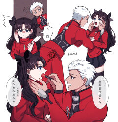  1boy 1girl absurdres archer_(fate) black_hair black_thighhighs blue_eyes breasts commentary_request dark-skinned_male dark_skin fate/stay_night fate_(series) flashlight food grey_eyes highres holding holding_flashlight holding_food holding_popsicle miniskirt ohmoto_9 open_mouth popsicle red_shirt red_skirt shirt skirt small_breasts squiggle sweatdrop thigh-highs tohsaka_rin toothache translation_request turtleneck turtleneck_shirt twitter_username two_side_up watermark wavy_mouth white_hair zettai_ryouiki 