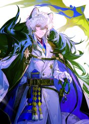  1boy absurdres animal_ear_fluff arknights belt black_cape cape chinese_commentary closed_mouth coat commentary_request cowboy_shot dooduck fur_trim gloves grey_eyes grey_hair hair_between_eyes hand_on_hilt highres long_sleeves looking_at_viewer male_focus silverash_(arknights) silverash_the_reignfrost_(arknights) smile snow_leopard_boy snow_leopard_ears solo sword tassel weapon white_coat white_gloves white_hair 