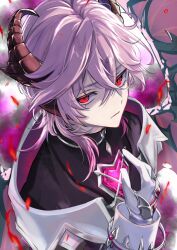  1boy dragon_boy dragon_horns dragon_wings frown genshin_impact gloves hand_on_own_chest heart highres horns looking_at_viewer mini_durin_(genshin_impact) mini_durin_(human)_(genshin_impact) necoco112061 pink_hair red_eyes solo_focus white_gloves wings 