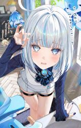  ahoge alternate_hairstyle ascot blue_ascot blue_eyes blue_gemstone blue_hair blue_jacket blue_nails blush comb drop-shaped_pupils furina_(genshin_impact) gem genshin_impact gentilhomme_usher heterochromia highres jacket kabu_usagi long_sleeves lumine_(genshin_impact) mademoiselle_crabaletta mismatched_pupils multicolored_hair multicolored_nails ouji_fashion shorts streaked_hair surintendante_chevalmarin sweatdrop symbol-shaped_pupils thigh_strap translation_request white_hair white_shorts 