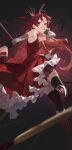  1girl absurdres arm_behind_head black_bow black_legwear blurry boots bow breasts chain depth_of_field detached_sleeves dress floating_hair food frilled_dress frills from_side grin hair_bow highres holding holding_food long_hair magical_girl mahou_shoujo_madoka_magica modare pocky pocky_in_mouth red_dress red_eyes red_footwear redhead sakura_kyouko small_breasts smile soles solo teeth thigh-highs twisted_torso weapon zettai_ryouiki 