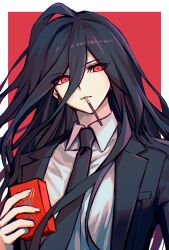  1boy black_jacket black_necktie border box chinese_commentary collared_shirt commentary_request cyacyacyacyaki danganronpa_(series) danganronpa_2:_goodbye_despair eyes_visible_through_hair food food_in_mouth hair_between_eyes highres holding holding_box jacket kamukura_izuru lapels long_bangs long_hair male_focus necktie notched_lapels open_clothes open_jacket pocky pocky_in_mouth red_background red_eyes shirt simple_background solo tsurime upper_body white_border white_shirt 