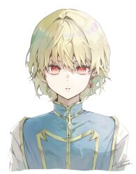  1boy absurdres blonde_hair blue_tabard commentary_request cropped_torso earrings expressionless highres hunter_x_hunter jewelry kurapika looking_at_viewer male_focus parted_lips red_eyes short_hair solo tabard tadano1129 upper_body 