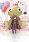  1girl absurdres balloon birthday birthday_cake cake dog food full_body gift highres looking_down lucia_(punishing:_gray_raven) multicolored_hair punishing:_gray_raven reflective_floor sitting smile solo streaked_hair stuffed_animal stuffed_toy table ye_guo_jiaotang_dong 