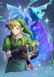 1boy 1girl armor artist_name belt blonde_hair blue_eyes blue_hair blue_skin cape chainmail colored_skin dariagiftstuff fi_(zelda) fingerless_gloves forehead_jewel gloves green_tunic harp highres hylian_crest instrument link pointy_ears shield sword the_legend_of_zelda the_legend_of_zelda:_skyward_sword tunic weapon 