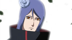  1girl akatsuki_uniform blue_hair closed_mouth eyeshadow face_piercing flower hair_bun hair_flower hair_ornament konan_(naruto) looking_at_viewer makeup naruto_(series) naruto_shippuuden non-web_source orange_eyes paper piercing short_hair single_hair_bun solo 