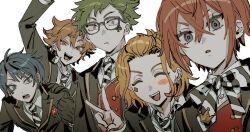  5boys :d :o ^_^ ace_trappola ahoge arm_up asymmetrical_bangs bangs_pinned_back black_gloves black_jacket blazer blue_eyes blue_hair blush_stickers bow bowtie buttons cater_diamond clenched_hand closed_eyes club_(shape) club_facial_mark collared_shirt crossed_bangs curtained_hair deuce_spade diagonal-striped_bow diagonal-striped_bowtie diagonal-striped_clothes diagonal-striped_necktie diamond_facial_mark double-breasted earrings facial_mark facing_viewer glasses gloves gold_trim green_hair grey_eyes grin hair_between_eyes hand_on_another's_shoulder hand_up heart heart_facial_mark heartslabyul_dorm hoop_earrings hunched_over jacket jewelry lapels leather leather_gloves light_frown long_sleeves looking_at_viewer male_focus multiple_boys necktie night_raven_college_school_uniform notched_lapels open_clothes open_jacket open_mouth orange_hair outline pale_skin parted_bangs rectangular_eyewear red_eyes red_hair red_vest riddle_rosehearts school_uniform shirt short_hair silver_earrings simple_background single_blush_sticker small_pupils smile spade_(shape) spade_facial_mark spiky_hair striped_bow striped_bowtie striped_clothes tie_clip trey_clover twisted_wonderland upper_body ureyyyyy v v-shaped_eyebrows very_short_hair vest waistcoat white_background white_outline white_shirt wide-eyed yellow_eyes 