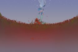  2girls arms_up blue_eyes blue_hair blue_sky bow cape commentary_request field flower flower_field flying gloves hair_bow happy highres long_hair magical_girl mahou_shoujo_madoka_magica mahou_shoujo_madoka_magica_(anime) miki_sayaka miki_sayaka_(magical_girl) multiple_girls open_mouth outdoors ponytail reaching reaching_towards_another red_flower red_hair red_petals riyu_qvq sakura_kyoko short_hair skirt sky smile sparkle thigh-highs translation_request white_cape white_gloves 