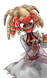  1girl @_@ claws dragon dress giratina giratina_(altered) hex_maniac_(pokemon) highres holding holding_toy kicdon kikio_(draco_dragon_heart) kommo-o original pokemon scales sharp_teeth teeth toy violet_eyes white_background 
