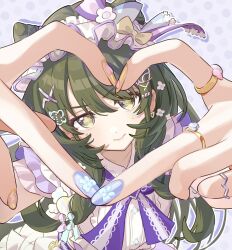  1girl blonde_hair blue_nails bonnet close-up closed_mouth commentary_request dress fingernails flower four-finger_heart_hands green_eyes green_hair hair_flower hair_ornament hairclip heart heart_hands highres idolmaster idolmaster_shiny_colors idolmaster_shiny_colors_song_for_prism jewelry lips long_hair looking_at_viewer multicolored_nails nail_art nail_polish nanakusa_nichika ring solo sticker sticker_on_face tanupon 