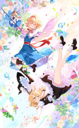  2girls absurdres alice_margatroid apron back_bow black_hat black_skirt black_vest blonde_hair blue_dress blue_flower blue_rose blush boots bow braid broken_glass brown_boots capelet closed_eyes closed_mouth commentary_request dress falling falling_petals flower flower_request frilled_hairband frilled_sash frills glass hair_bow hairband hat hat_bow highres holding holding_polearm holding_weapon ibushi_roun kirisame_marisa knee_boots lace-up_boots lolita_hairband long_hair multiple_girls petals pink_flower polearm puffy_short_sleeves puffy_sleeves red_bow red_flower red_hairband red_rose red_sash rose sash shanghai_doll short_sleeves side_braid single_braid skirt smile soap_bubbles spear touhou vest waist_apron waist_sash weapon white_bow white_capelet witch_hat yellow_eyes yellow_flower yellow_rose 