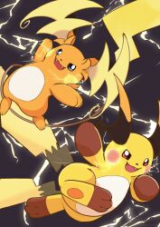  :3 absurdres blue_eyes brown_eyes commentary_request electricity fang fangs highres mega_pokemon mega_raichu_x mega_raichu_y multiple_tails no_humans open_mouth orange_fur pokemon pokemon_(creature) pokemon_focus pokemon_legends:_z-a raaaichupudding raichu red_eyes smile tail very_long_ears very_long_tail yellow_fur 