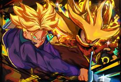  2boys 2kartz absurdres animal_ears animal_nose blonde_hair body_fur boots bracelet dragon_ball dragon_ball_super dragon_ball_z dynamic_pose furry furry_male gloves gold_bracelet green_eyes hedgehog_boy highres holding holding_sword holding_weapon jewelry multiple_boys muscular pants red_eyes short_hair short_tail silver_the_hedgehog sonic_(series) sonic_the_hedgehog_(2006) spiky_hair super_saiyan super_saiyan_1 super_silver sword tail telekinesis trunks_(dragon_ball) trunks_(future)_(dragon_ball) two-tone_fur weapon white_gloves yellow_fur 