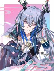  1boy absurdres arknights blue_hair blue_hands border cherry_blossoms chinese_commentary colored_extremities commentary_request dragon_boy dragon_horns earrings gradient_background hair_between_eyes hand_on_own_cheek hand_on_own_face hands_up head_rest highres horns jacket jewelry long_hair looking_at_viewer male_focus multicolored_hair ofuda_earrings open_mouth outside_border pink_eyes pointy_ears smile solo streaked_hair upper_body white_border white_jacket xingkong_mie_geng yi_(arknights) 